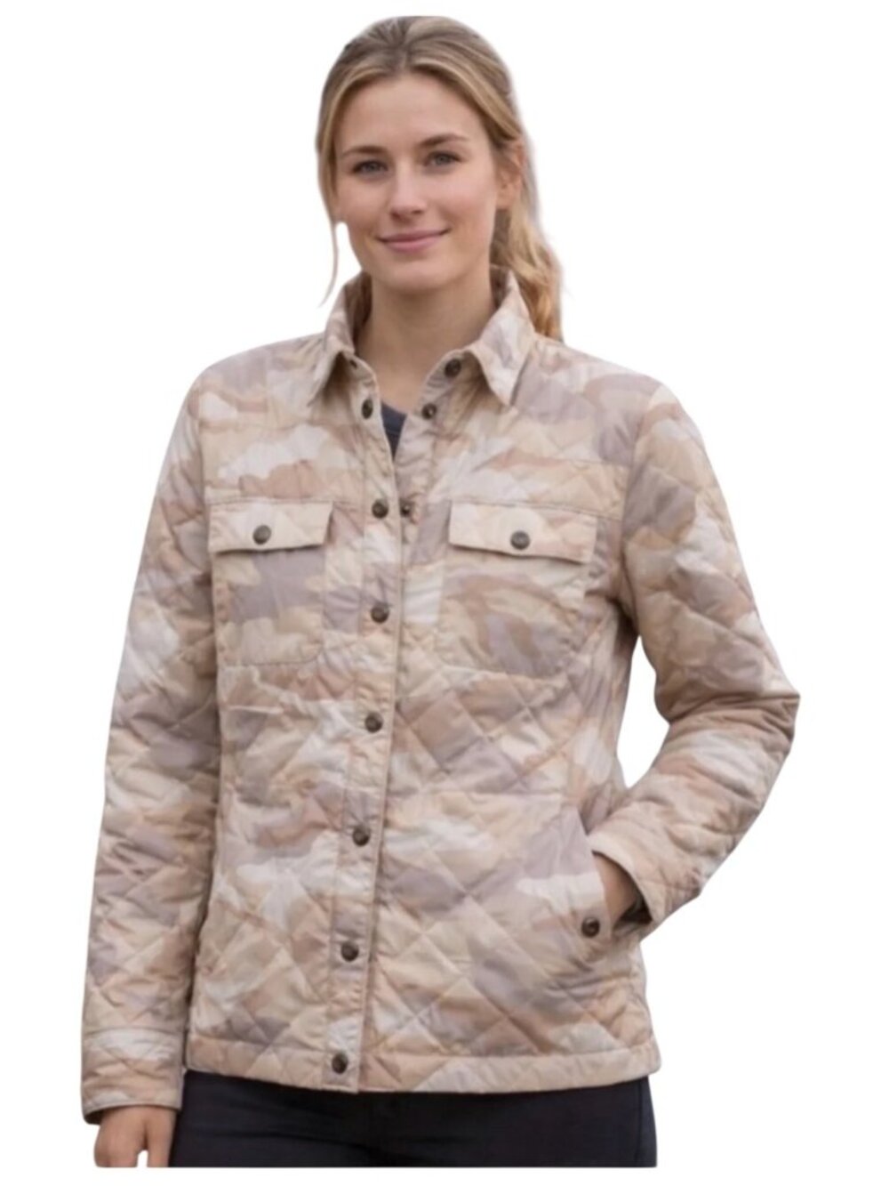 Stio Quilted insulated snap shirt jacket beige Camo Lightweight Insulated